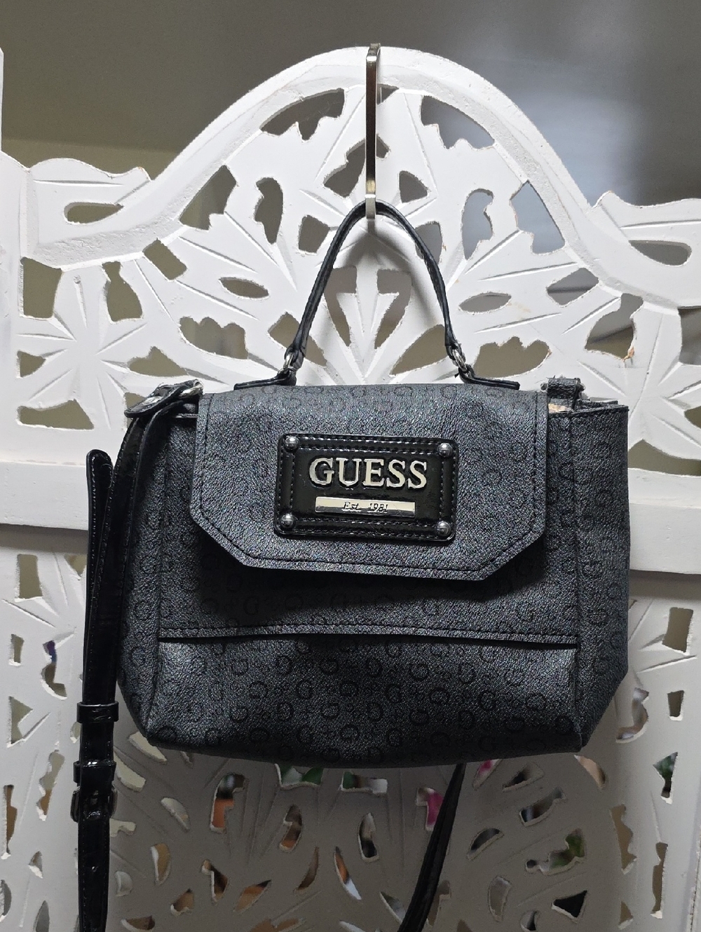 GUESS Black Logo Plaque Satchel with Top Handle